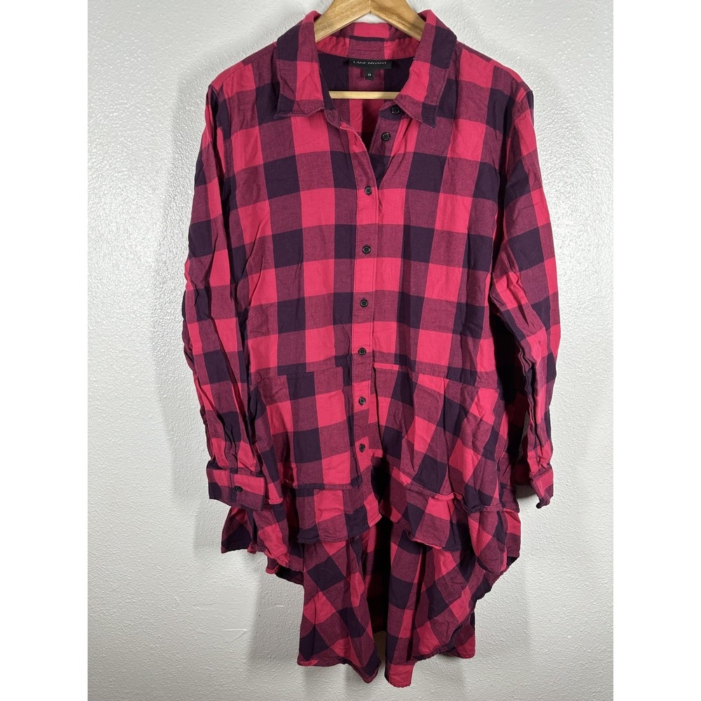 Lane Bryant Shirt Womens 22 Pink Plaid Button Front Ruffle Hem Long Sleeve Tunic